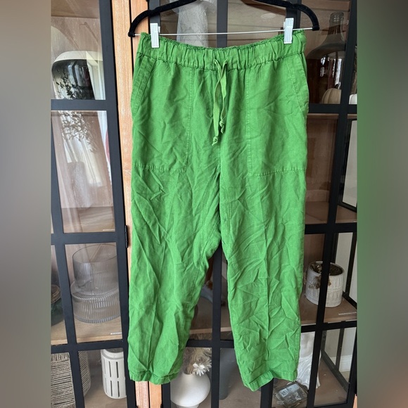 Zara linen pants straight leg high rise pockets drawstring lime green 4043/042 - Picture 2 of 11